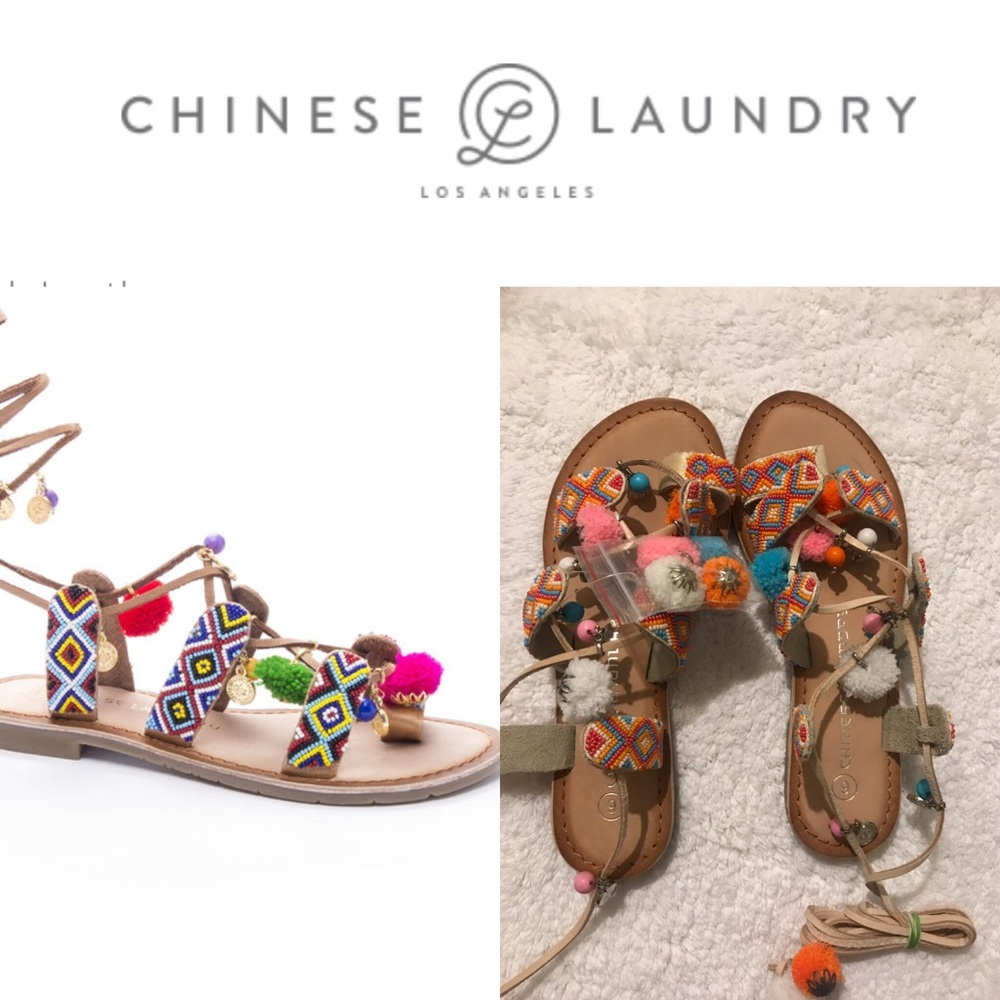Chinese Laundry Pom Leg Tie-Up Sandals NWT